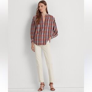 NWOT New Lauren Ralph Lauren Women’s Tie Neck Plaid Blouse Sz XL 100% Cotton